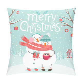 Personality  Cute Snowmen Couple Hugging. Merry Christmas Card. Vector Illustration. Pillow Covers