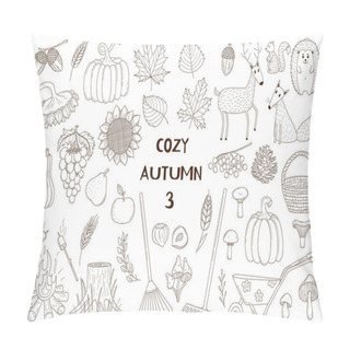 Personality  A Set Of Decorative Elements. Autumn, Forest Animals. Crops, Forests, Animals. Design Collection Of Outline Doodles. Black And White Vector Illustration. Isolated On A White Background Pillow Covers
