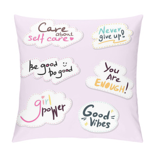Personality  Set Of Cute Girl's Stickers And Inspiration Quotes, Isolated Vector Elements On Pink Background Pillow Covers