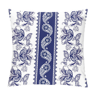 Personality  Set Of Lace Bohemian Seamless Borders. Stripes With Blue Floral Motifs. Floral Wallpaper. Decorative Ornament For Fabric, Textile, Wrapping Paper Pillow Covers