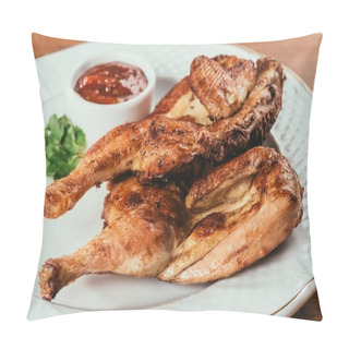 Personality  Grilled Chicken Laying On White Plate With Saucer On Background  Pillow Covers