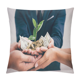 Personality  Hands Of Business Team Holding Plant Sprouting Growing From Golden Coins And Banknotes, Business Investment And Strategy Concept. Pillow Covers
