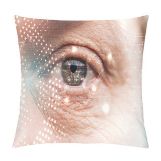 Personality  Close Up View Of Human Eye With Wrinkles And Data Illustration, Robotic Concept Pillow Covers