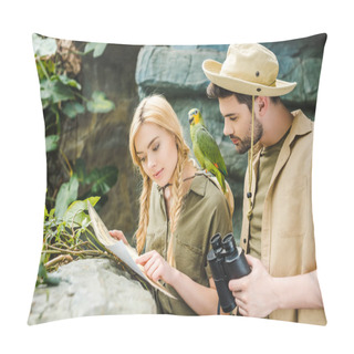 Personality  Attractive Young Couple In Safari Suits With Parrot Trying To Navigate In Jungle Pillow Covers