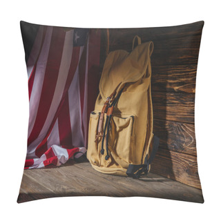 Personality  Backpack And American Flag On Wooden Surface, Travel Concept  Pillow Covers