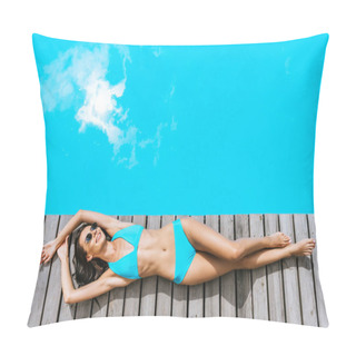 Personality  Top View Of Beautiful Smiling Brunette Woman In Bikini And Sunglasses Resting Near Pool Pillow Covers