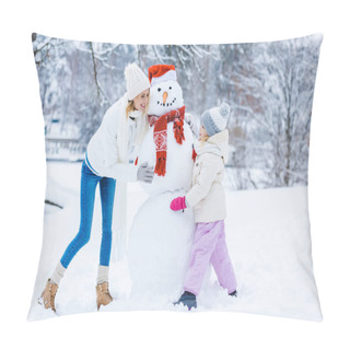 Personality  Happy Mother And Daughter Making Snowman Together In Winter Forest Pillow Covers