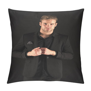 Personality  Male Beauty And Masculinity. Guy Attractive Confident Model. Confident In His Style. Man In Dark Clothes. Casually Handsome. Man Handsome Well Groomed Macho On Black Background. Feeling Confident Pillow Covers
