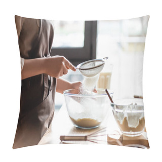 Personality  Cropped View Of Young Woman Sieving Flour In Glass Bowl Near Whisk  Pillow Covers