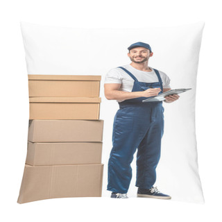 Personality  Mover In Uniform Looking At Camera While Writing In Clipboard Near Cardboard Boxes Isolated On White Pillow Covers