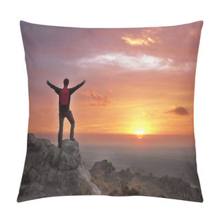 Personality  Man On Top Of A Mountain Victorious Admiring The Sunrise Pillow Covers