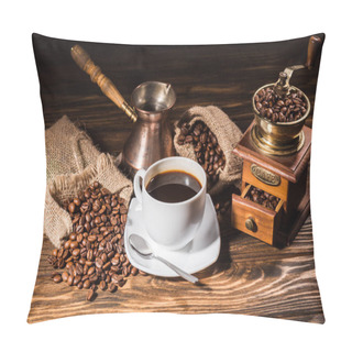 Personality  High Angle View Of Coffee Cup With Vintage Cezve And Coffee Grinder On Rustic Wooden Table Spilled With Roasted Beans Pillow Covers