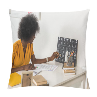 Personality  Young African American Freelancer Checking Calendar At Workplace At Home Office Pillow Covers