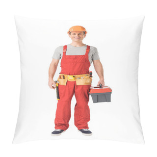 Personality  Smiling Handyman In Overalls Holding Toolbox Isolated On White Pillow Covers