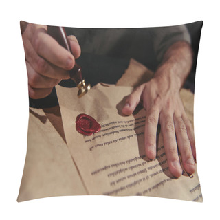 Personality  Partial View Of Abbot Approving Ancient Manuscript With Wax Seal On Black Background Pillow Covers