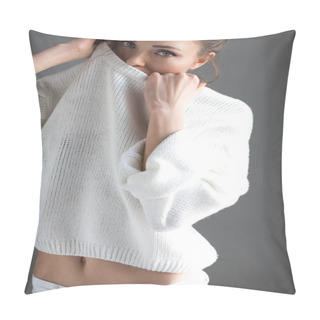 Personality  Sensual Young Woman Taking Off White Sweater And Looking At Camera On Grey   Pillow Covers