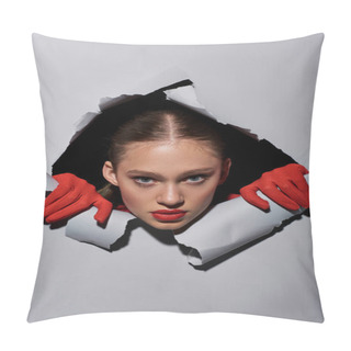 Personality  Young Woman With Red Lipstick And Gloves Peeking Through Hole In Ripped Grey Paper, Bold Makeup Pillow Covers