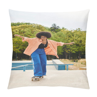 Personality  A Young African American Woman With Curly Hair Effortlessly Rides A Skateboard On Top Of A Cement Slab In An Urban Skate Park. Pillow Covers