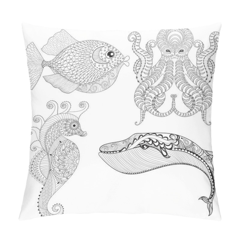 Personality  Hand drawn zentangle artistic Octopus, Sea Horse, Whale, Fish fo pillow covers