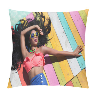 Personality  Tanning Woman On A Wooden Pier Pillow Covers