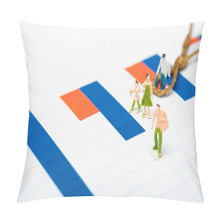 Personality  High Angle View Of Plastic People Figures Near Noose With Knot On Charts Isolated On White, Equality Concept Pillow Covers