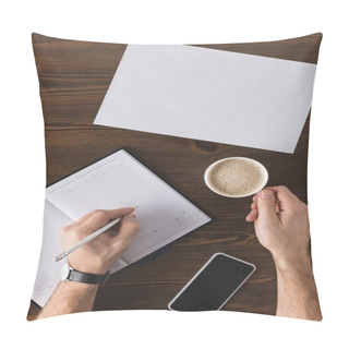 Personality  Partial View Of Businessman Making Notes In Notebook At Table Pillow Covers