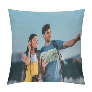 Personality  Handsome Man Pointing With Finger And Asian Woman Looking Away  Pillow Covers