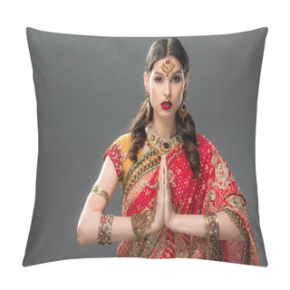Personality  Indian Woman In Traditional Clothing And Accessories With Namaste Mudra, Isolated On Grey  Pillow Covers