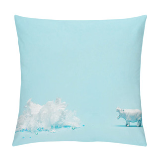 Personality  White Hippopotamus Toy And Plastic Garbage On Blue Background, Animal Welfare Concept Pillow Covers