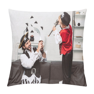 Personality  Father And Son In Pirate Costumes Playing At Home, Halloween Holiday Concept Pillow Covers