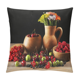 Personality  Still Life With Berries And Flowers On Dark Background Pillow Covers