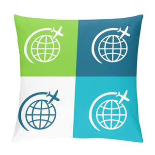 Personality  Airplane Flight In Circle Around Earth Flat Four Color Minimal Icon Set Pillow Covers