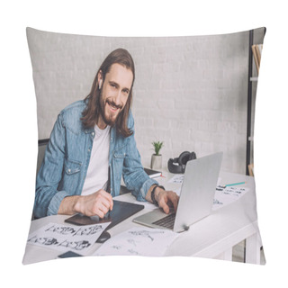Personality  Selective Focus Of Happy Animator Near Gadgets And Sketches  Pillow Covers
