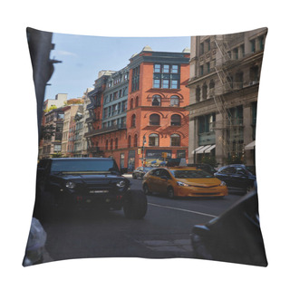 Personality  Cars Moving On Street With Vintage Buildings In Downtown District Of New York City, Rush Hour Pillow Covers