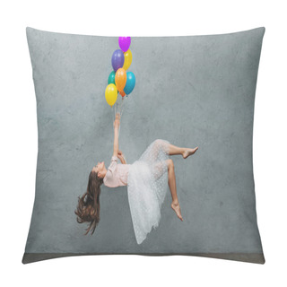 Personality  Young Woman Levitating With Colorful Balloons Pillow Covers