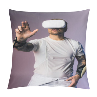 Personality  A Man In A White Shirt Is Fully Engaged, Wearing A Virtual Reality Headset In A Studio Setting. Pillow Covers