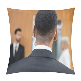 Personality  Back View Of African American Security Man Near Blurred Senior Woman With Bodyguard On Blurred Background Pillow Covers