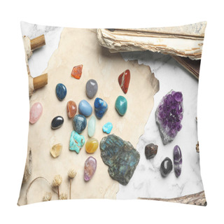 Personality  Flat Lay Composition With Different Gemstones On White Marble Background Pillow Covers