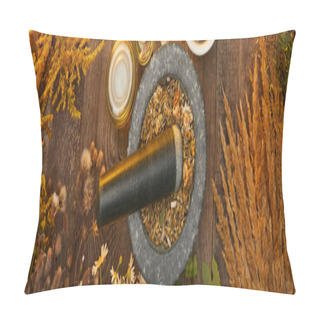 Personality  Panoramic Shot Of Grey Mortar With Herbal Mix And Pestle On Wooden Table Pillow Covers
