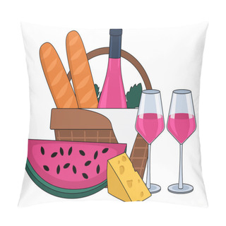Personality  Bottle Of Rose Wine, Wine In Glasses, Cheese, Baguettes, Watermelon And A Picnic Basket. With An Outline. Vector Graphic. Pillow Covers