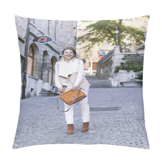Personality  Beautiful Young Stylish Girl Posing In Total White Look With Beige Accessories. Pillow Covers