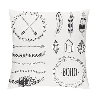 Personality  Vector Monochrome Ethnic Set With Arrows, Feathers, Crystals, Floral Frames, Borders. Modern Romantic Boho Style. Templates For Invitations, Scrapbooking. Hippie Design Elements. Pillow Covers