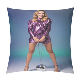 Personality  Happy Elegant Woman In Sequin Dress With Disco Ball On Blue Background Pillow Covers