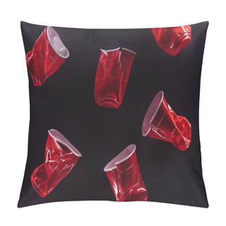 Personality  Top View Of Bright And Colorful, Red Plastic Cups Isolated On Black Pillow Covers