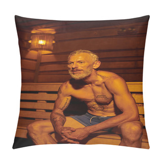 Personality  Relaxed And Shirtless Middle Aged Man With Tattoos Sitting In Sauna, Wellness Retreat Concept Pillow Covers