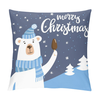 Personality  Smiling Cartoon Polar Bear With Choolate Ice Cream And Merry Christmas Inscription. Pillow Covers