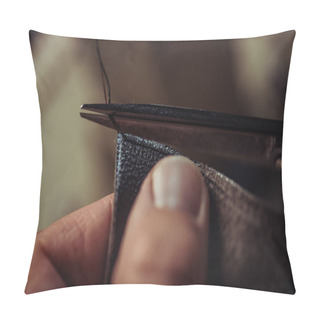 Personality  Cropped View Of Cobbler Cutting Thread Near Piece Of Genuine Leather Pillow Covers