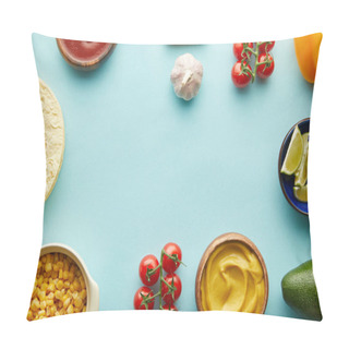 Personality  Top View Of Tortillas With Taco Ingredients On Blue Background Pillow Covers