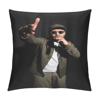 Personality  Eastern Hip Hop Performer In Sunglasses Gesturing While Singing In Microphone On Black Pillow Covers