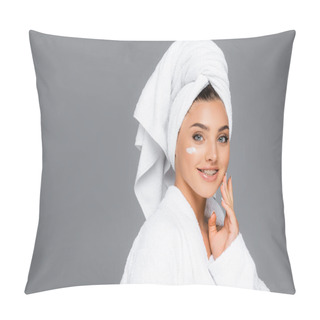 Personality  Smiling Woman With Towel On Head And Cosmetic Cream On Face Isolated On Grey Pillow Covers